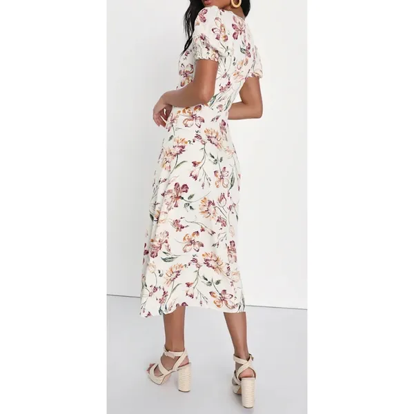 NWT Lulus‎ SZ Large Parisian Picnic Cream Floral Jacquard Puff Sleeve Midi Dress - Image 2