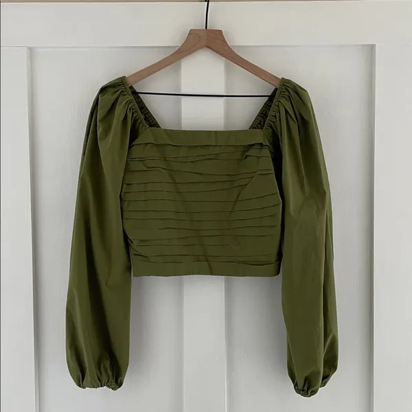 ABERCROMBIE & FITCH Puff Sleeve Pleated Bodice Ruched Crop Top in Green Size M - Image 6