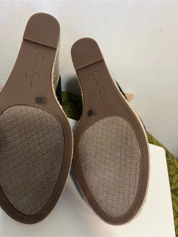 Jessica Simpson Black Wedge Espadrille Heels with Tan Ankle Wraps - Image 7