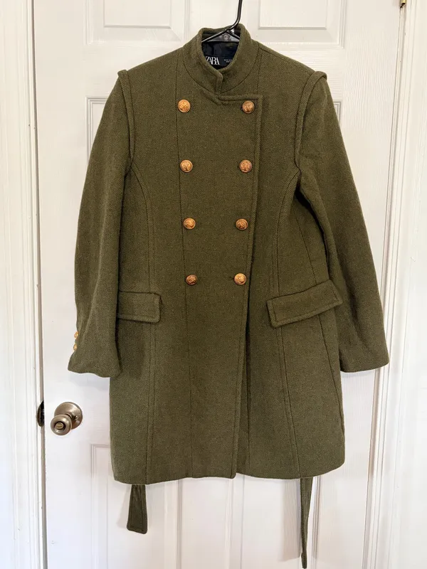 ZARA Olive Green Military Coat Gold Button Belted Preppy Academia Womens M - Image 4