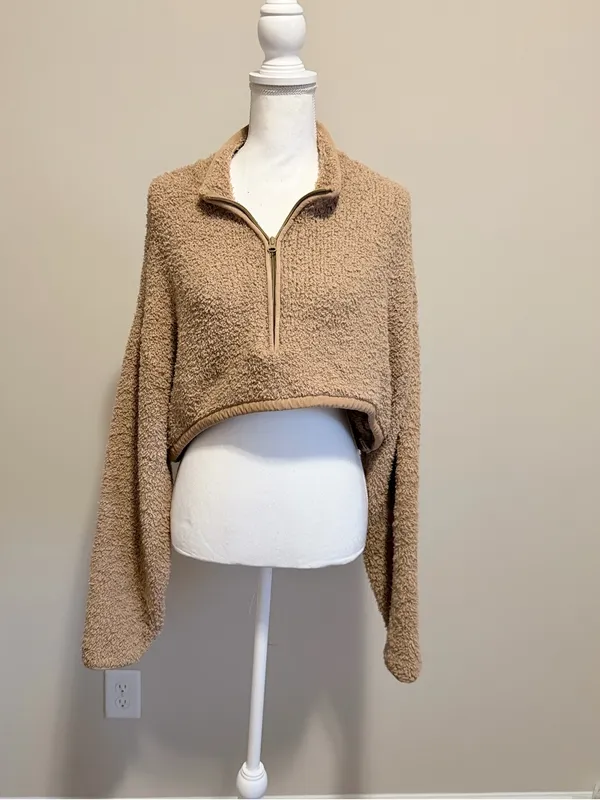 SKIMS Teddy Fleece Quarter Zip Cropped Pullover Beige Cozy Lounge Top L XL - Image 4