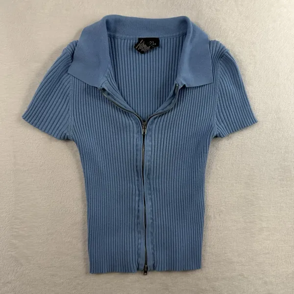 Rue 21 Vtg Y2K XS Top Soft Girl Double Zipper‎ Baby Blue Ribbed Fitted Coquette Dainty - Image 3