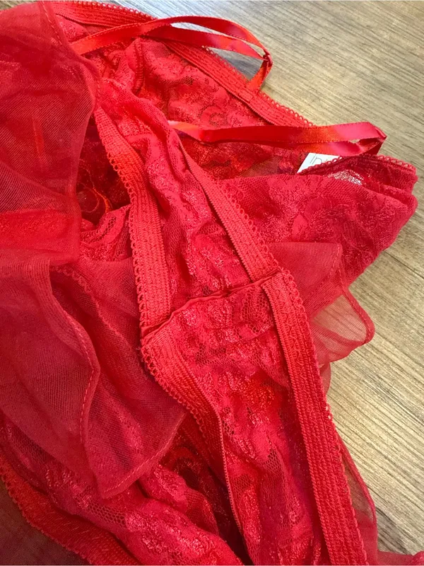 Lace Ruffle Red Teddy Bodysuit with Sheer Details - Image 5
