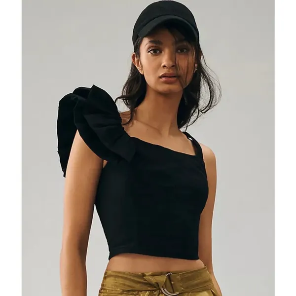Anthropologie Women's Black One Shoulder Ruffle Crop Top. NWT. Size XL - Image 3