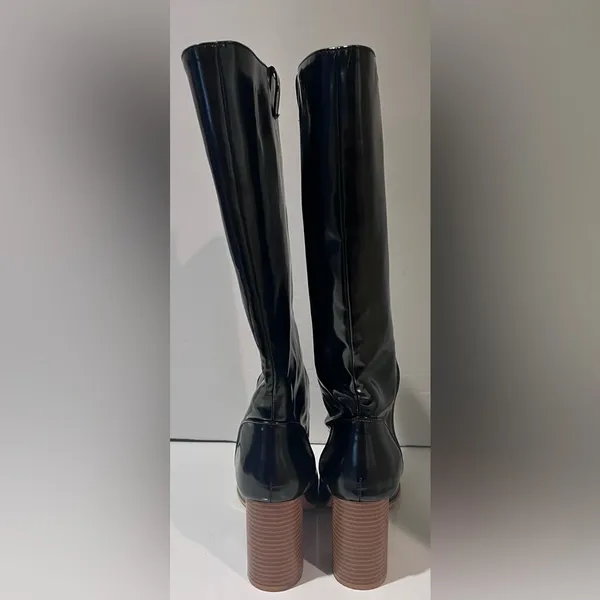 Leila Stone Vegan Black Patent Leather Cynira Knee-High Boots Block Heel Size 10 - Image 7