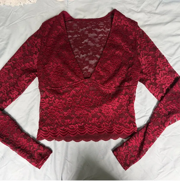 Princess Polly Burgundy Lace Plunge V neck Long Sleeve Top - Image 2