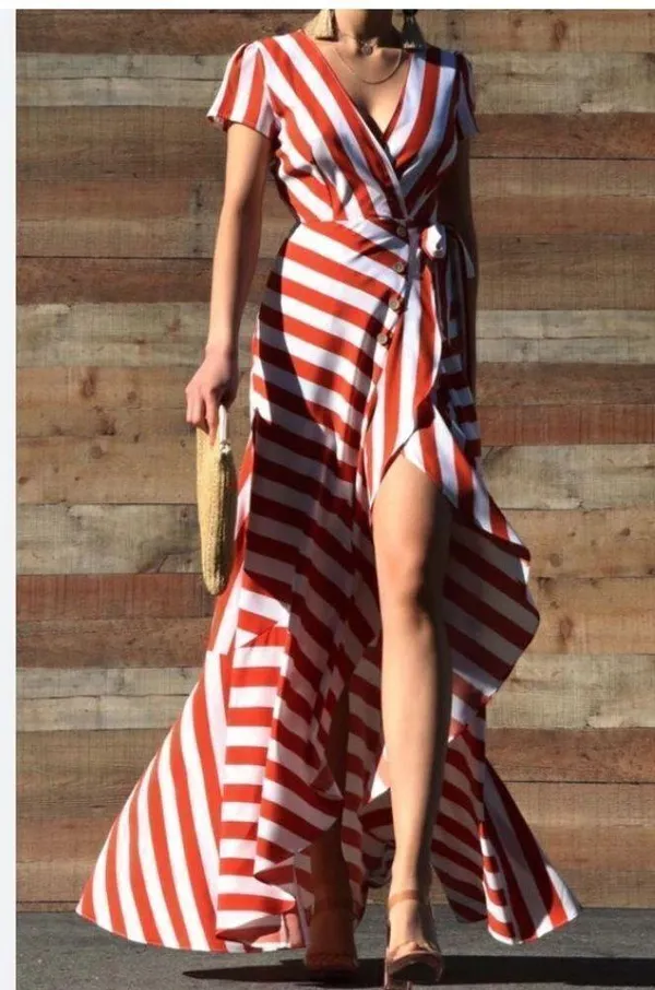 Bamboo Apparel striped adjustable waist wrap ruffle maxi dress size Med NWOT - Image 2