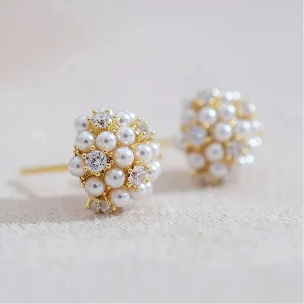Gold and White Pearl Cluster Stud Earrings - Timeless Floral Design - Image 2