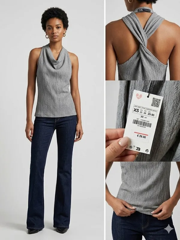 Zara Metallic Silver Textured Draped Top - Image 2