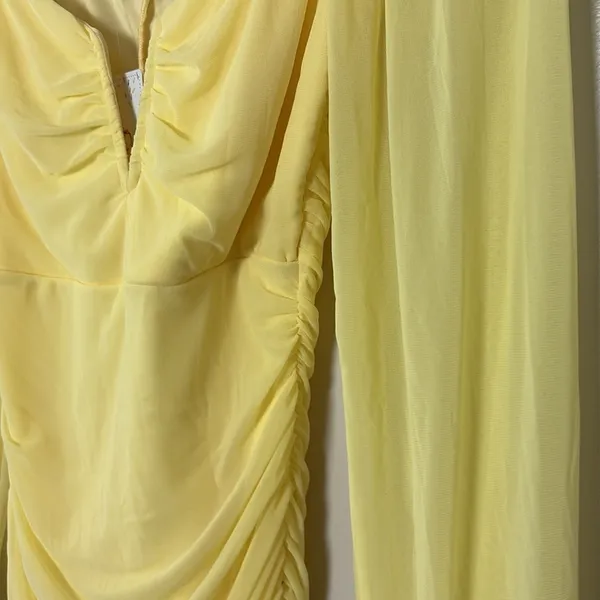 Pretty garden butter yellow mini‎ dress long sheer sleeves ruched body Size S - Image 10