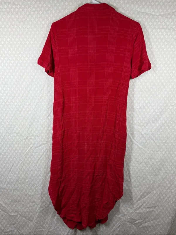 Anthropologie Maeve Hot Pink Red‎ Striped Crinkle Button Up Midi Dress - Image 7
