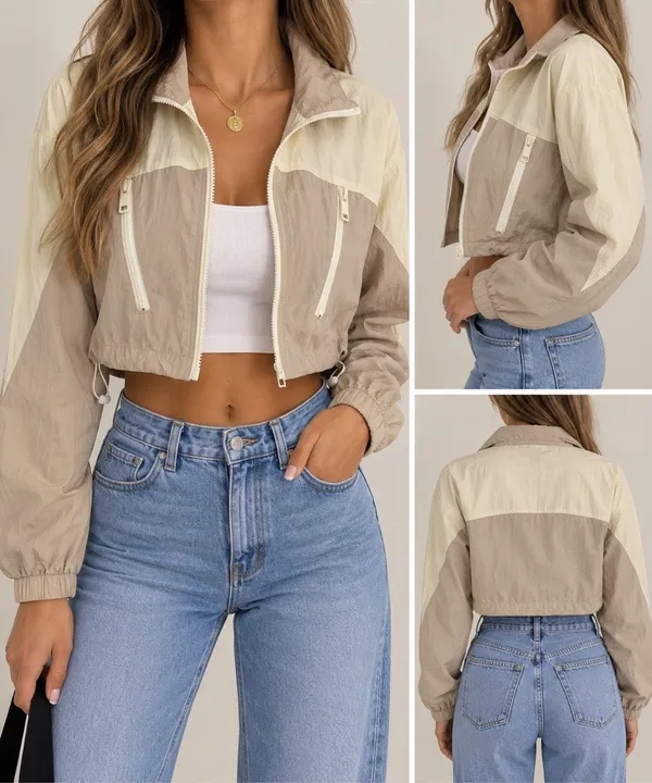 Garage Cropped Windbreaker Jacket XS Beige Cream Colorblock Y2K - Image 2