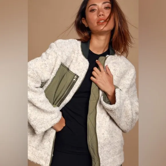 NWT Free People Rivington Sherpa jacket in green cream desert combo - Image 4