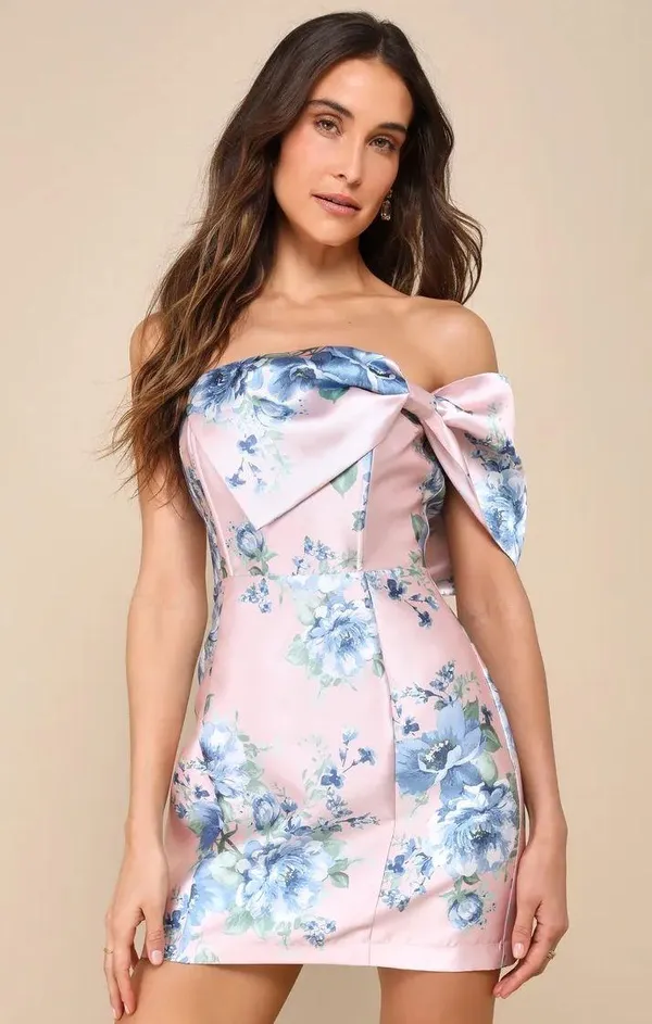 Lulus Soiree Darling Pink Floral Bow Off-the-Shoulder Mini Dress - Image 2