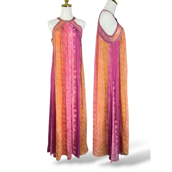 Zara Pink Orange Tie Dye Sequin Halter Maxi Dress Bohemian Festival Size M - Image 3