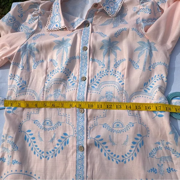 YOZY Pink Blue Palm Print Shirt Dress Belted Linen Blend Size L (8-10) - Image 6