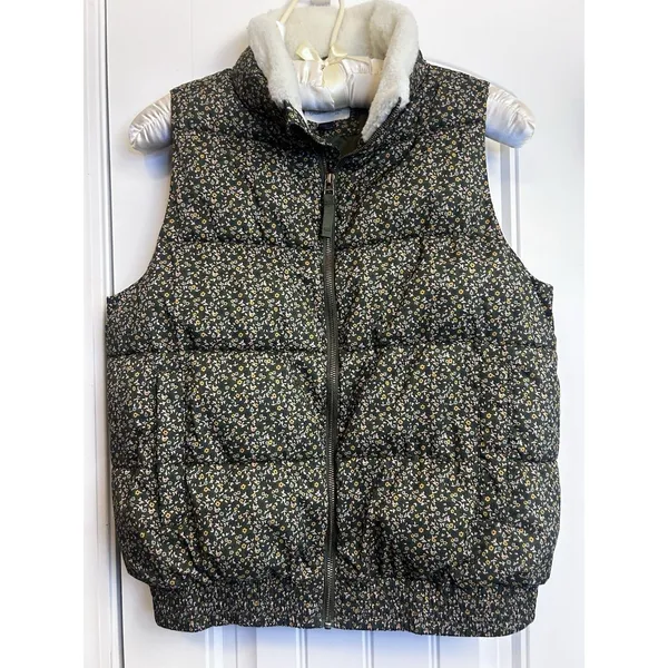Universal Threads Women’s Green Floral Puffer Vest Sherpa Collar Full Zip Small - Image 13