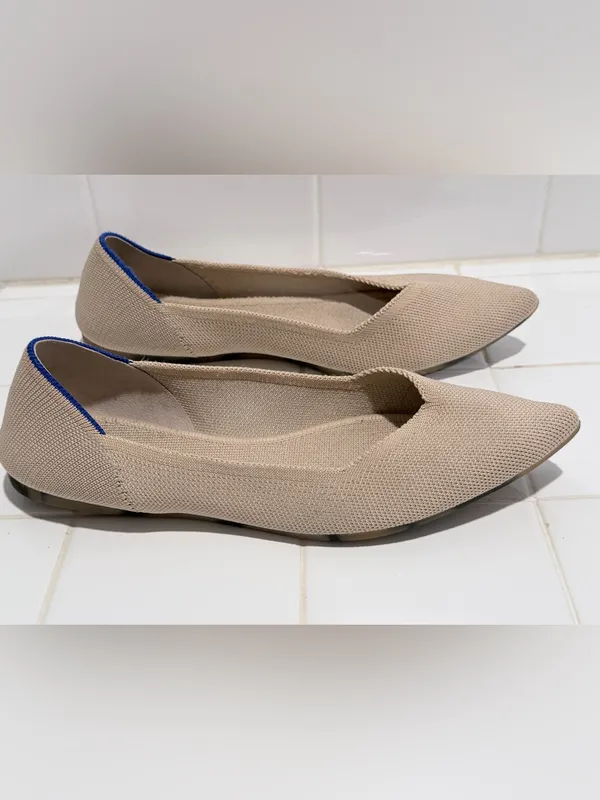 Rothy's Pointed Toe Knit Flats in Light Beige with Blue Trim - Image 14