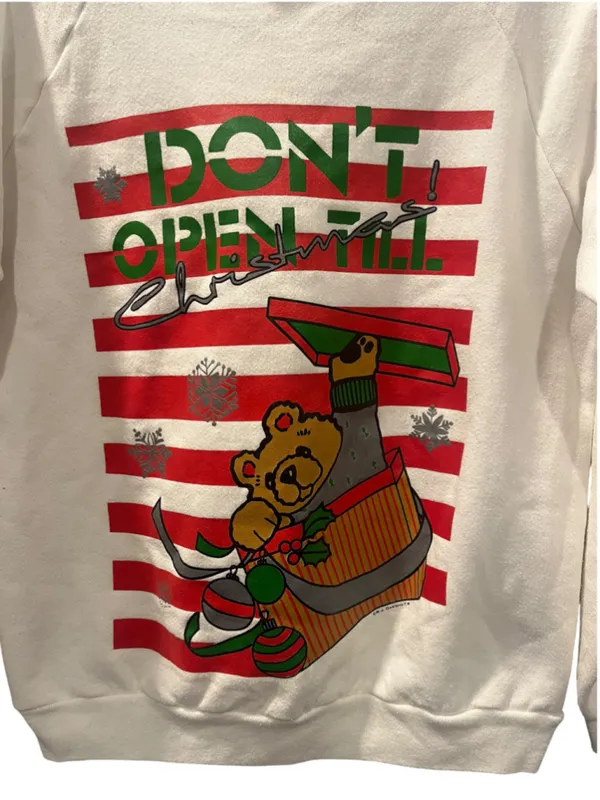 Vintage 80s Don't Open Till Christmas Bear Sweatshirt White Crewneck Graphic XL - Image 4