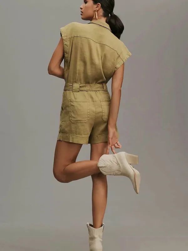 Current/Elliott Olive Utility Belted Romper Shorts - Image 2