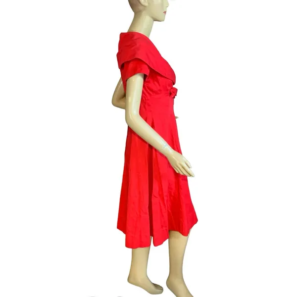 Vintage 1950'S Handmade Square Pattern Red Cotton Day Dress (S) - Image 5