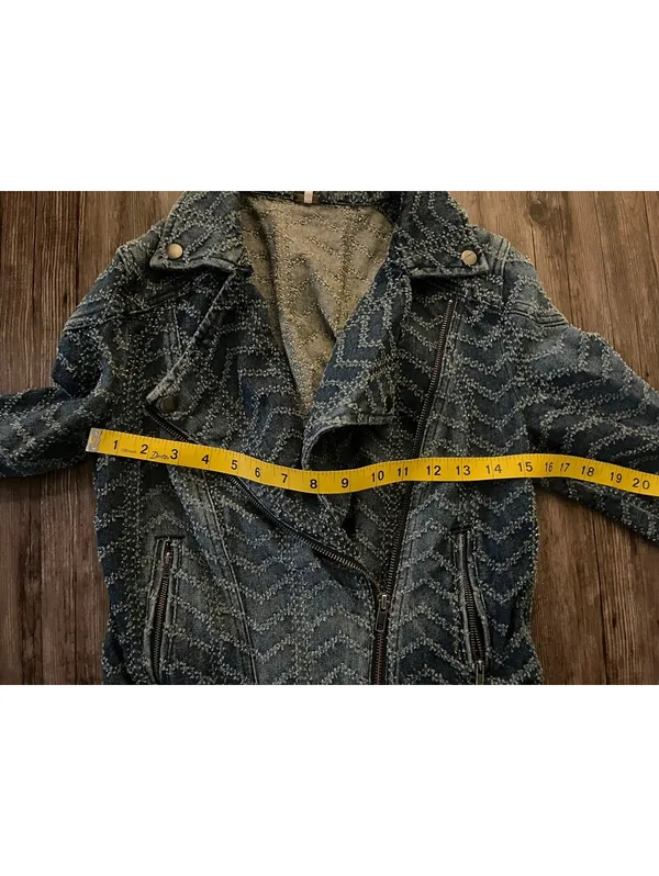 Free People Women's Blue Chevron Moto Biker Jacket Sz S - Image 5