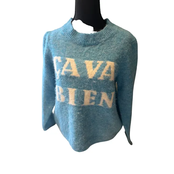 CAVA BIEN Blue Sweater XS Oversized French Graphic Knit Primark Cares - Image 7
