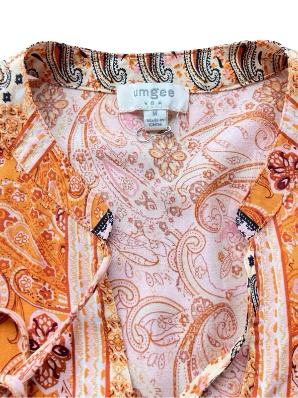 Umgee Boho Paisley Maxi Dress Long Sleeve Tassel Tie V-Neck Size M - Image 6