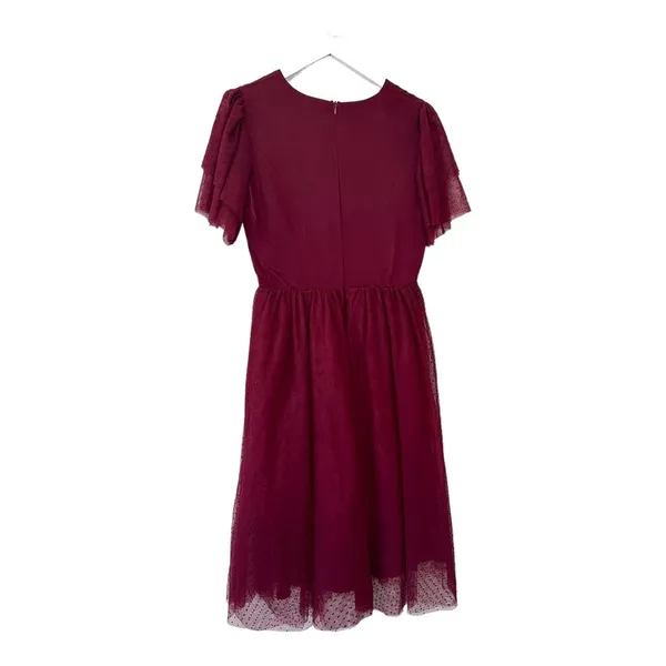Ivy City Co Maroon Swiss Dot Flutter Sleeve Midi Dress Size Small - Image 8