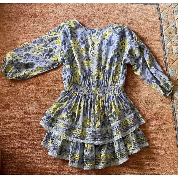 Aerie Blue Yellow Floral Ruffle Mini Dress XL Cotton Lace Trim Boho Style - Image 4