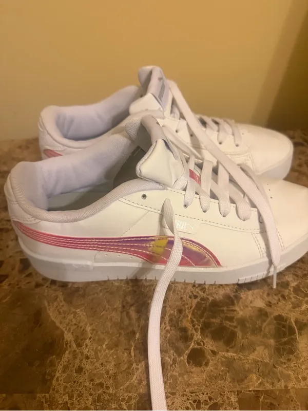 Puma White Leather Sneakers with Iridescent Lace Tabs - Image 6