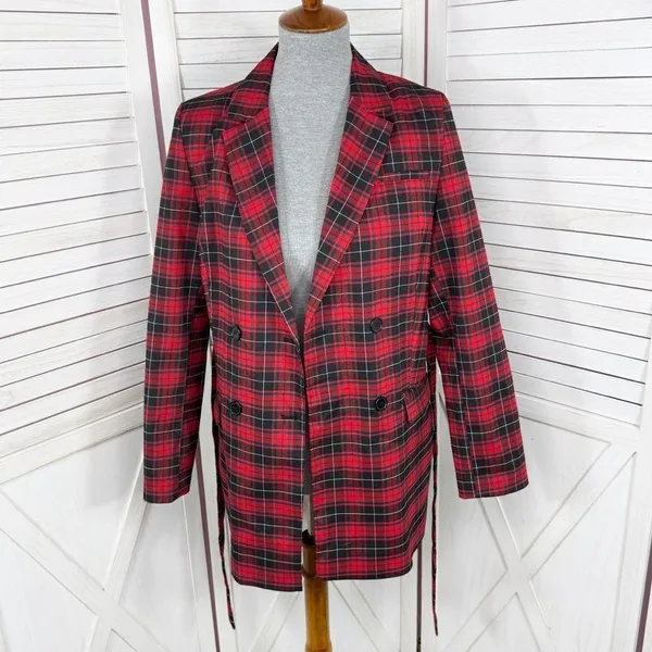 BeFree Tartan Plaid Double Breasted Tie Waist Trench‎ Overcoat Red XS - Image 9