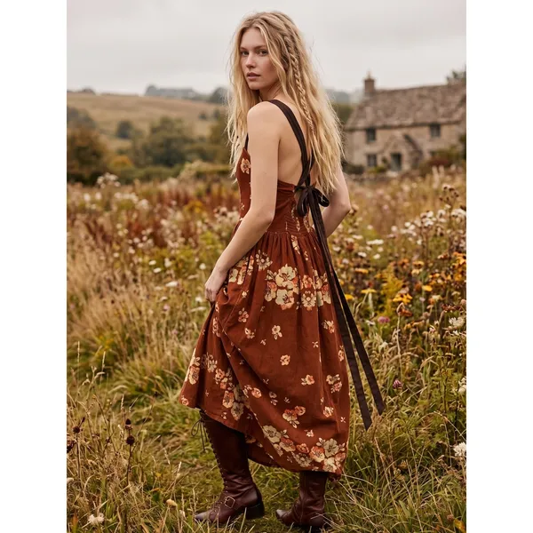 Free People Dainty Cottage Micro Corduroy Until Dawn Midi Dress Brown Large - Image 2