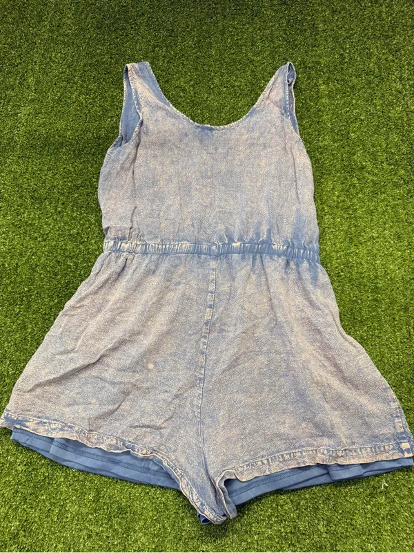 JODIFL‎ Romper Layered Distress Bleach Tie Front Elastic Waist Blue One Piece L - Image 5