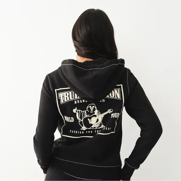 True Religion World Tour Zip Hoodie Women’s Large Black Buddha Graphic - Image 2