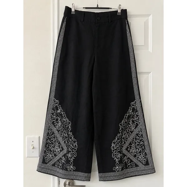 Haver + Blair Black Embroidered Wide Leg Linen Blend Pants Womens Small Boho - Image 2