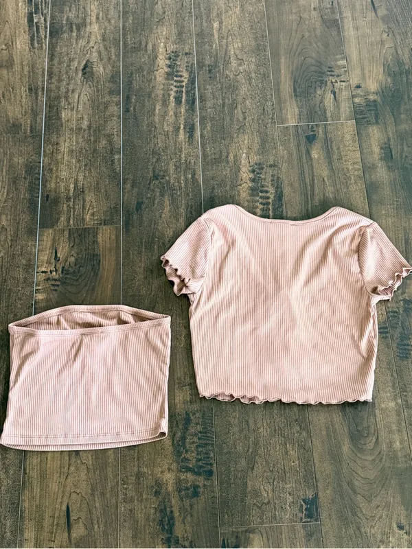 Light Brown Short Sleeve Cardigan and Tube Top Set - Image 2