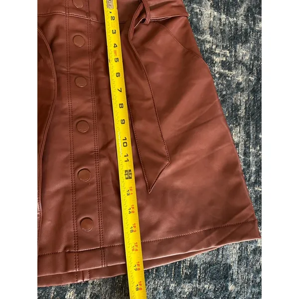 Abercrombie & Fitch Mini Skirt Size Medium Brown Faux Leather Button & Tie Front - Image 6