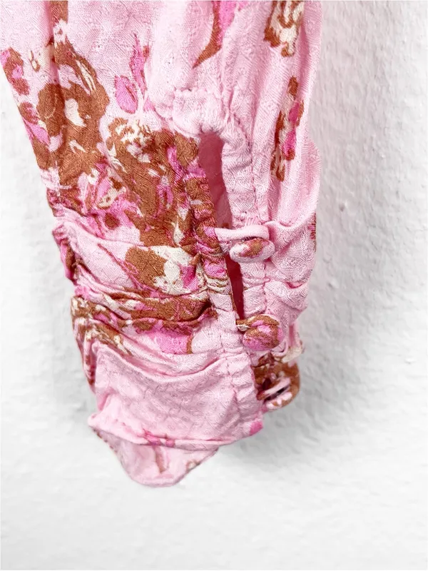 FREE PEOPLE Hilary Pink Floral Tie Closures Ruched Front Puff Sleeves Top Small - Image 5