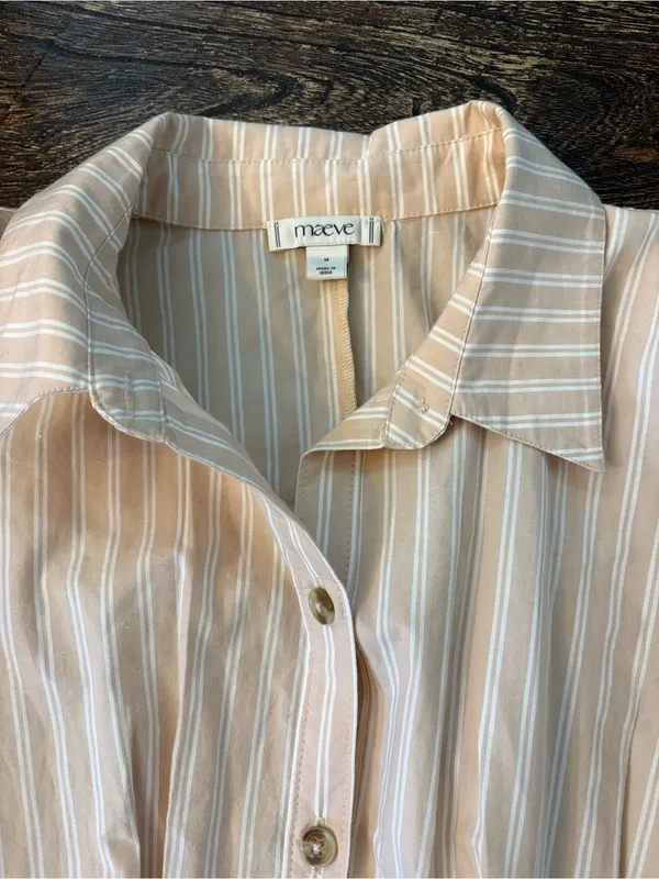 Anthropologie Maeve Faye Shirtdress Womens M Honey Tan Striped Belted Mini - Image 8