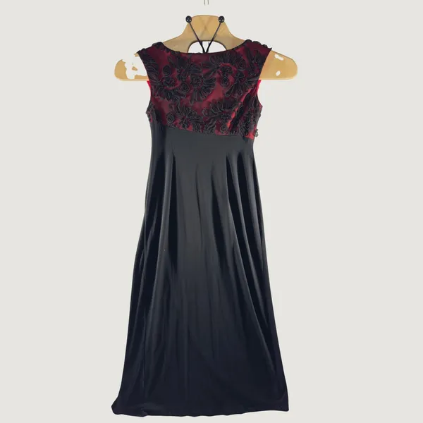 Connected Apparel 3085 | Floral Lace Draped Maxi Gown Black Burgundy Dark Romantic Formal Women 6 - Image 3