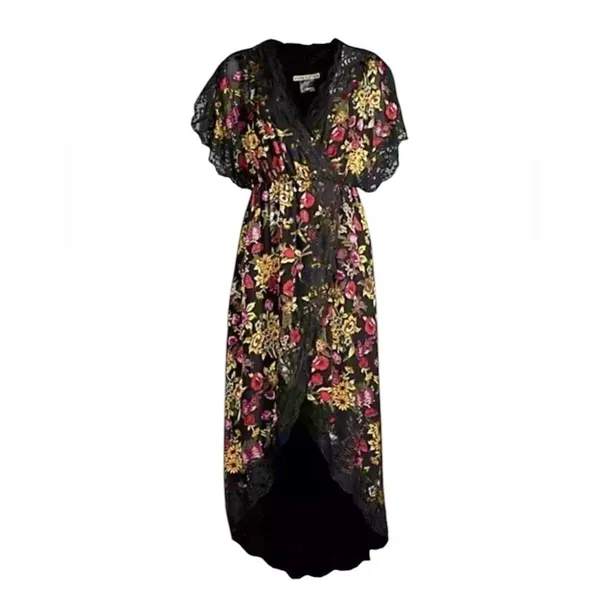 Alice + Olivia Adele Floral Wrap Midi Dress with Lace Trim Black Size 2 - Image 6