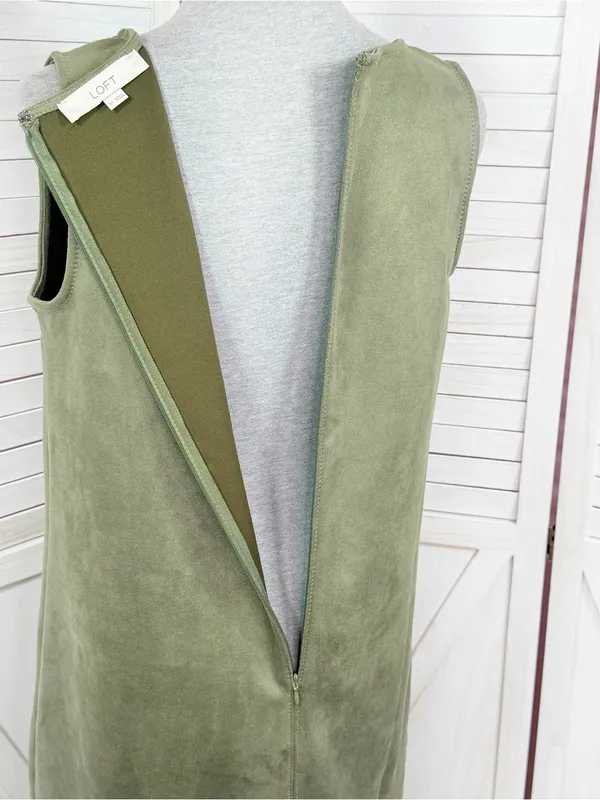 Loft Faux Suede V Neck Jumper Shift Mini Dress Olive Green 8 Tall Sleeveless - Image 7