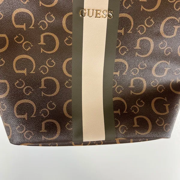 Guess Monogram Cutout Handle‎ Tote Bag Brown Olive Green Logo Print Lunch Bag - Image 3