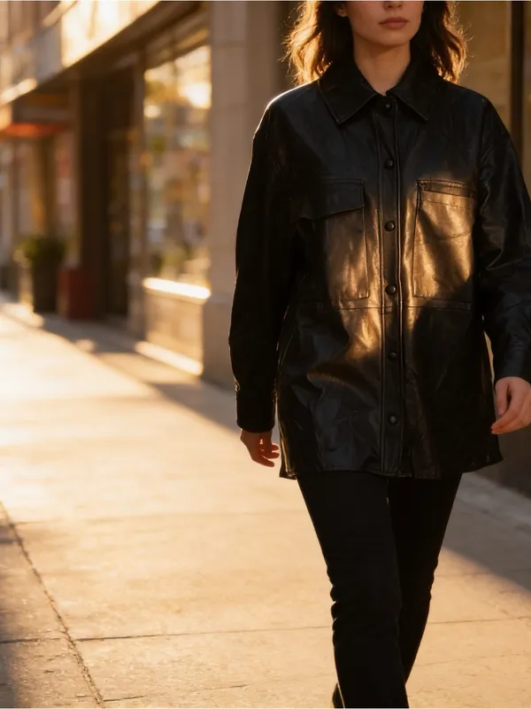 MANGO MNG Black Faux Leather Oversized Shacket Button Up Jacket Size L - Image 5