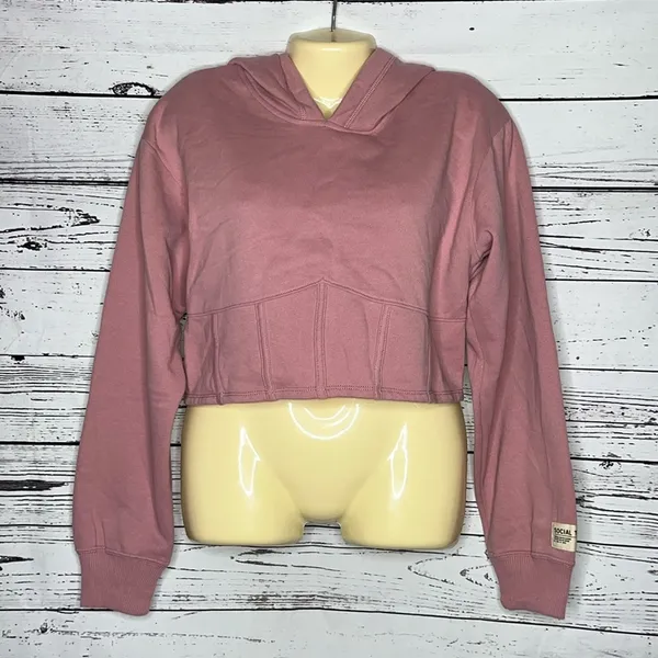 Abercrombie Social Tourist NWT Size L Pink Fleece Lined Crop Hoodie Sweatshirt - Image 2
