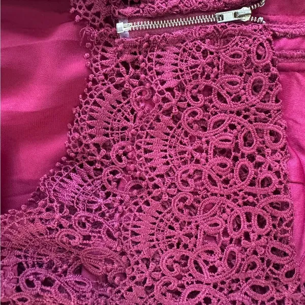 Papaya Burgundy Maroon Jumpsuit Lace Top Bare Midriff Open Back Wide Leg Sheer Overlay - Image 7