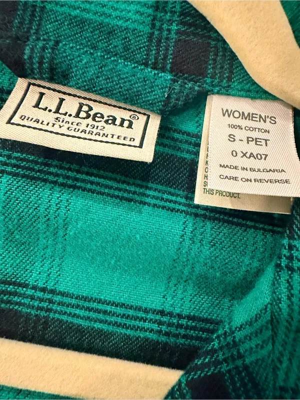 L.L.Bean Size SP Green Plaid Flannel Pajama Top Button Front 100% Cotton Pocket - Image 7