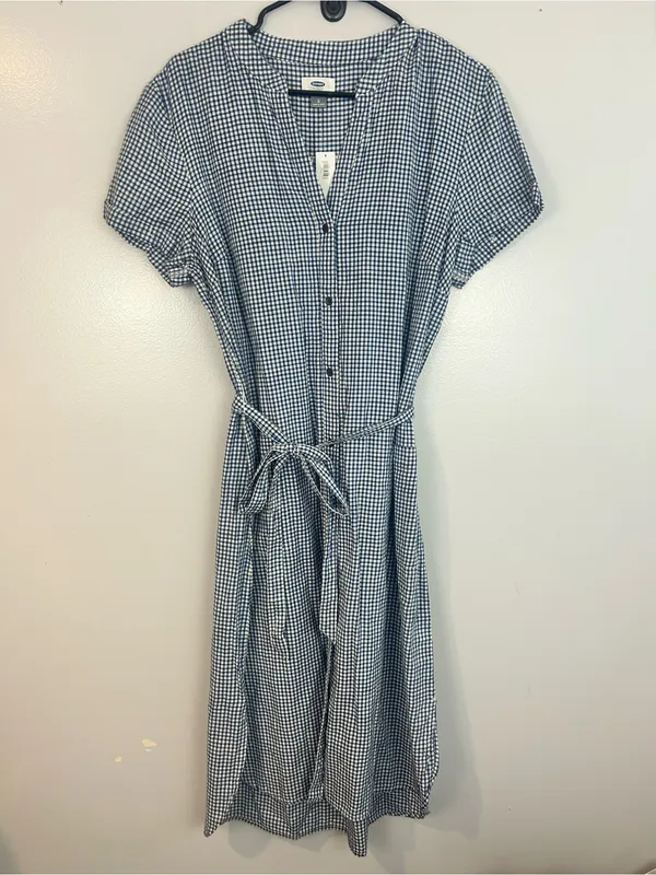 NWT Old Navy Blue/White Plaid Gingham Short Sleeve Tie Waist Shirt Dress Large - Image 2