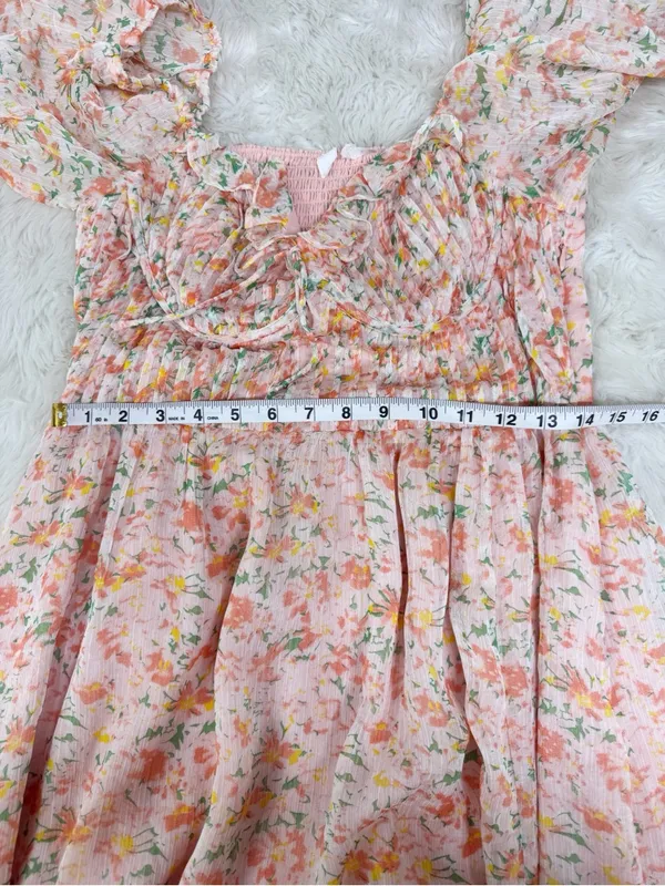 ASTR Lunaria Milkmaid Midi Dress Large Peach Floral Wedding Guest Garden Party - Image 15